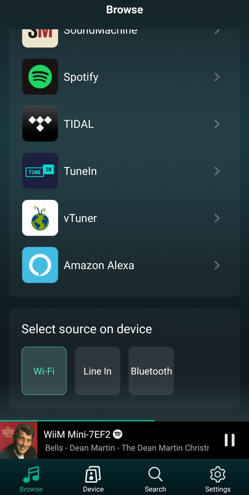 U tabu izbora ulaza Elipsonove<br />
aplikacije moguće je izabrati Wi-Fi<br />
streaming, linijski ulaz i Bluetooth,<br />
kao i poveznice za podržane<br />
glazbene servise